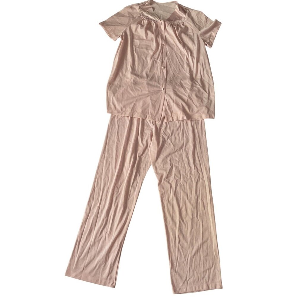 Vintage Vanity Fair Pink Pajama Set Embroidered Collar Short Sleeve Top & Elasti